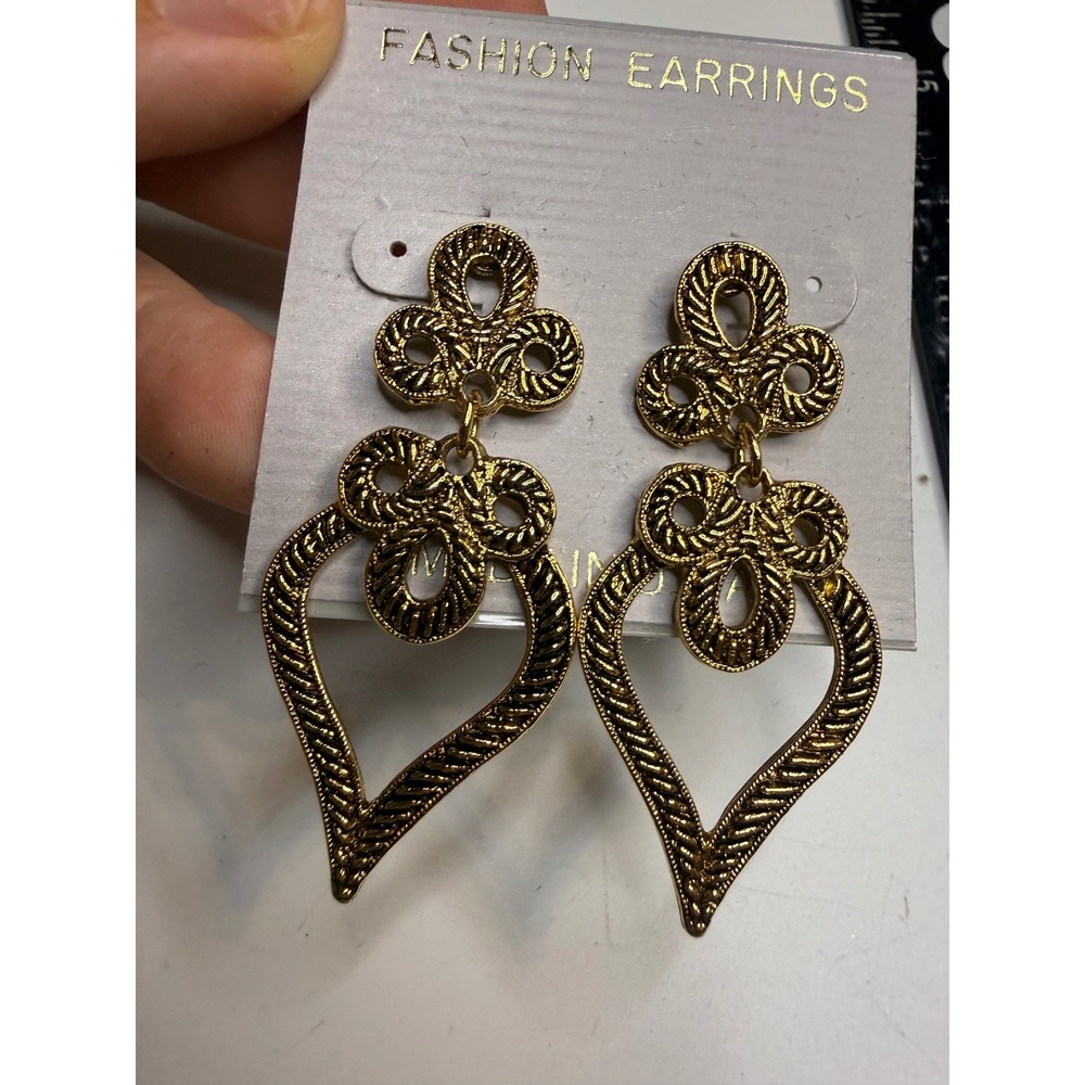 Gold Tone Textured Knot Heart Drop Statement Earrings Post Back New